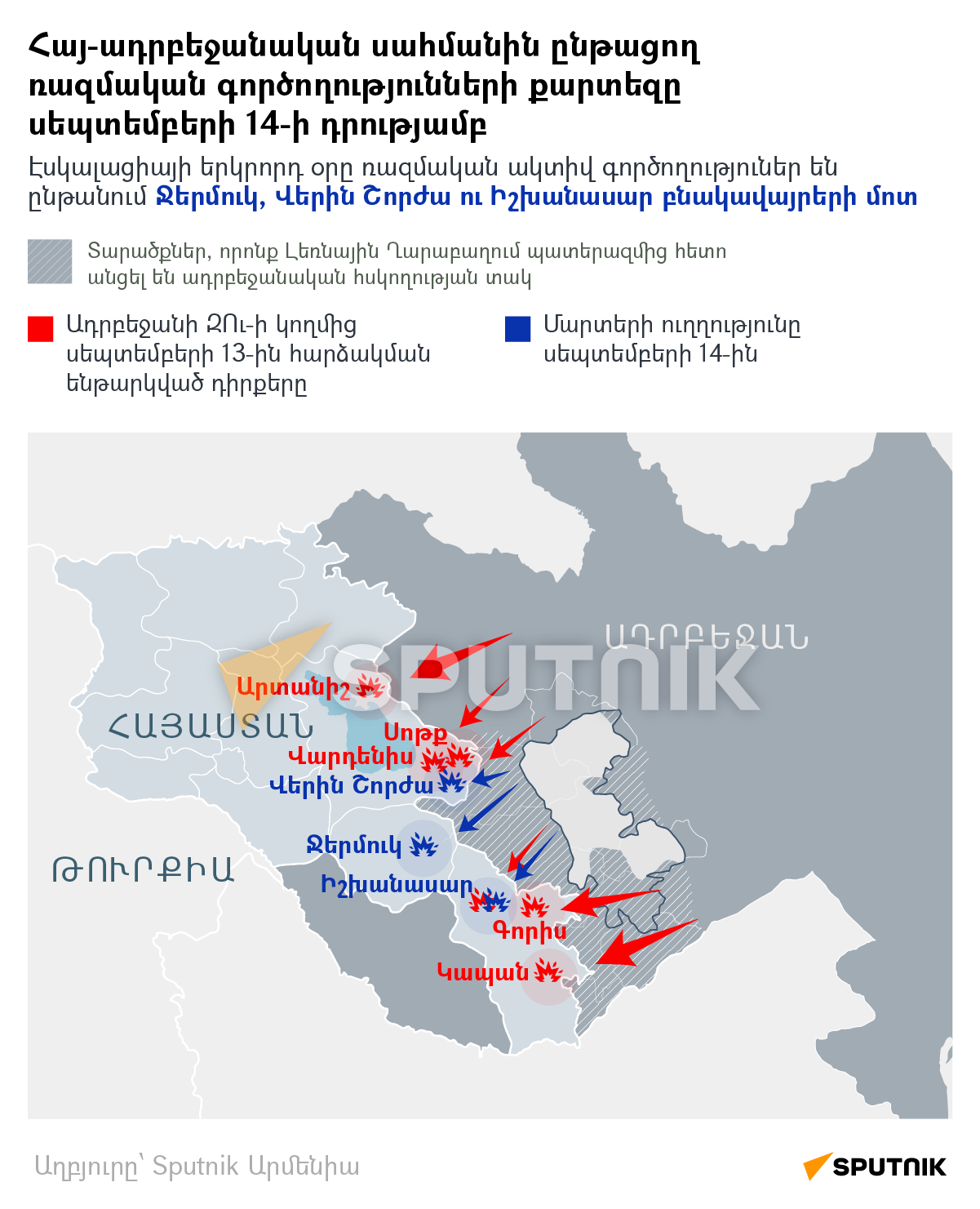 Հայ-ադրբեջանական սահմանին ընթացող ռազմական գործողությունների քարտեզը սեպտեմբերի 14-ի դրությամբ - Sputnik Արմենիա