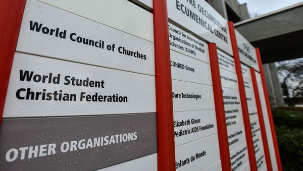 Информационный стенд возле здания Всемирного совета церквей (ВСЦ) в Женеве. - Sputnik Армения