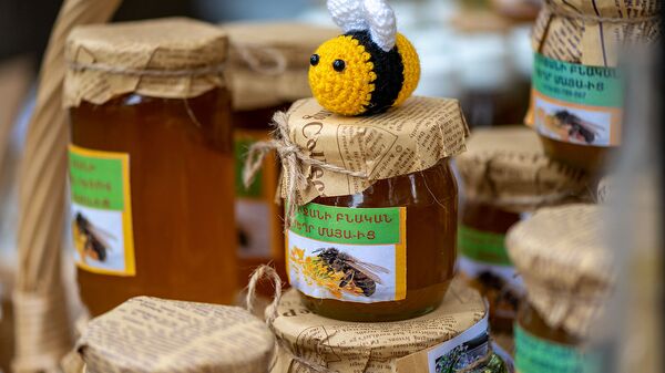 Банки с натуральным медом и игрушечной пчелой - Sputnik Армения
