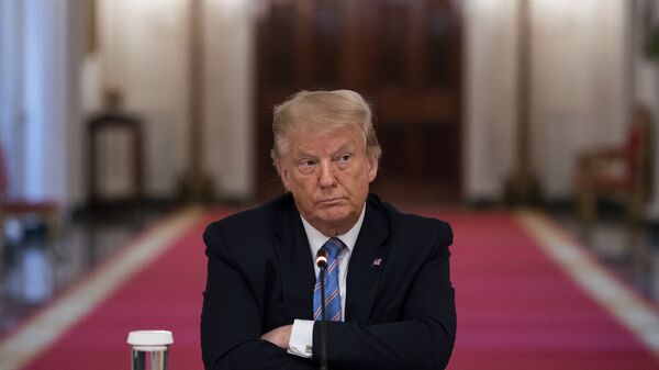 Президент США Дональд Трамп сидит, скрестив руки, во время круглого стола, посвященного безопасному открытию американских школ во время пандемии коронавируса (7 июля 2020). Вашингтон - Sputnik Армения