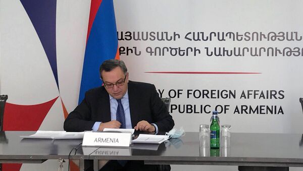 Заместитель министра иностранных дел Авет Адонц на онлайн-встрече ЕС-Восточное партнерство (13 октября 2020). Еревaн - Sputnik Армения