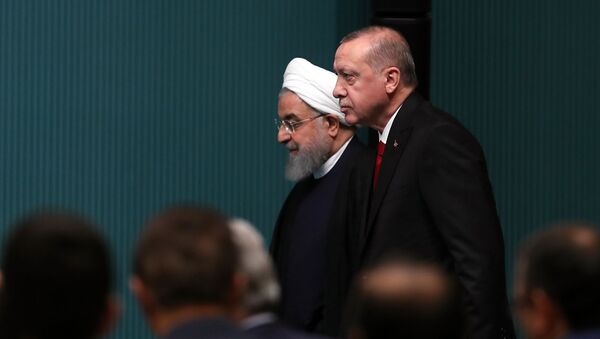 Президенты Ирана и Турции Хасан Роухани и Реджеп Тайип Эрдоган прибывают на совместную пресс-конференцию (20 декабря 2018). Анкара - Sputnik Армения