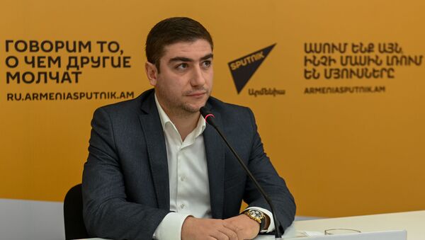 Арман Гукасян во время онлайн-видеомоста на тему: Деятельность прозападных НКО в Армении (24 ноября 2020). Еревaн - Sputnik Армения