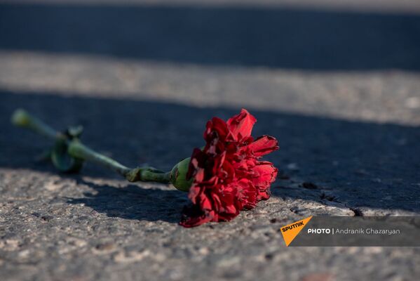 Հիշատակի երթ դեպի Եռաբլուր, ասֆալտին ընկած ծաղիկ 19.12.2020 թ. - Sputnik Արմենիա