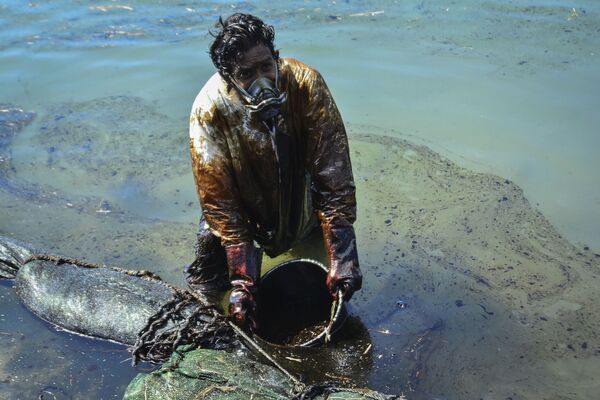 Տղամարդը մաքրում է ջուրը Մավրիկիայի ափերի մոտ թափված նավթից - Sputnik Արմենիա
