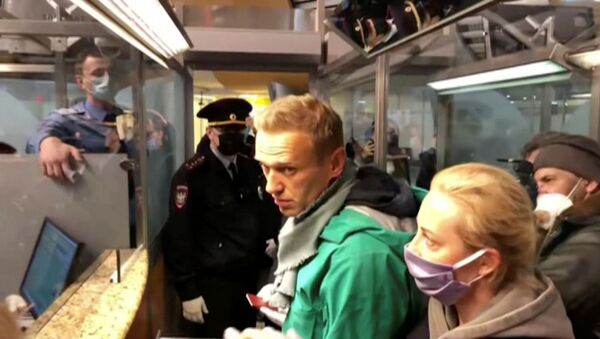 Сотрудники правоохранительных органов разговаривают с лидером российской оппозиции Алексеем Навальным перед тем, как увезти его в аэропорт (17 января 2021). Москва - Sputnik Армения