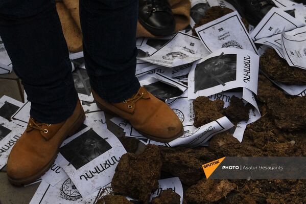 Листовки с фотографиями под ногами участников акции протеста у здания Парламента (3 февраля 2021). Еревaн - Sputnik Армения