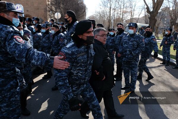 Полиция задерживает оппозиционных активистов во время акции протеста перед правительственным зданием (23 февраля 2021). Еревaн - Sputnik Армения