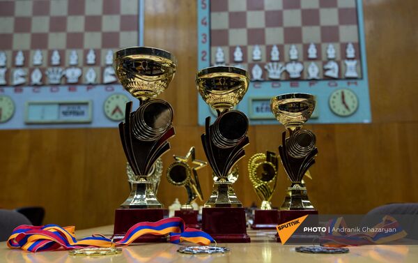 Кубки и медали традиционного шахматного турнира среди сотрудников СМИ Армении (27 марта 2021). Ереван - Sputnik Армения
