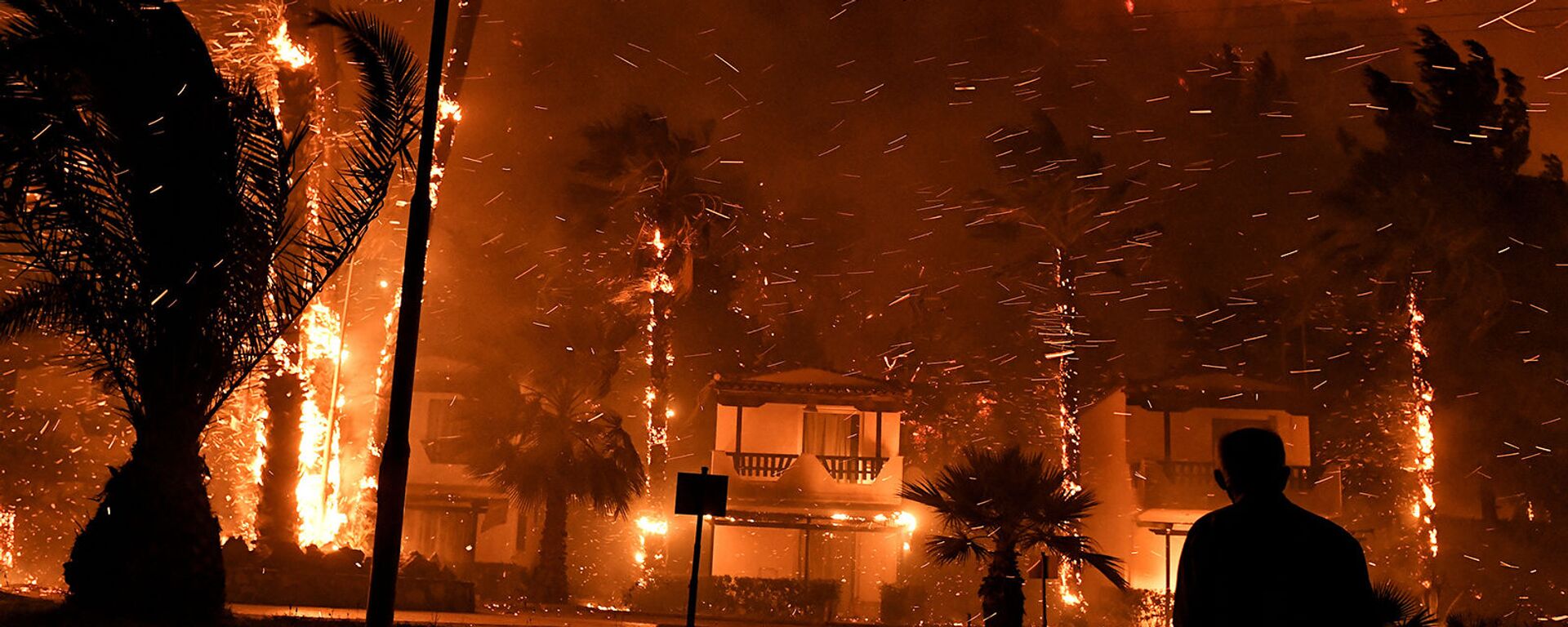 Местный житель среди горящих от лесного пожара домов в деревне Схинос (19 мая 2021). Греция - Sputnik Արմենիա, 1920, 21.05.2021