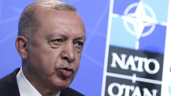 Президент Турции Реджеп Тайип Эрдоган на фоне баннера НАТО - Sputnik Армения