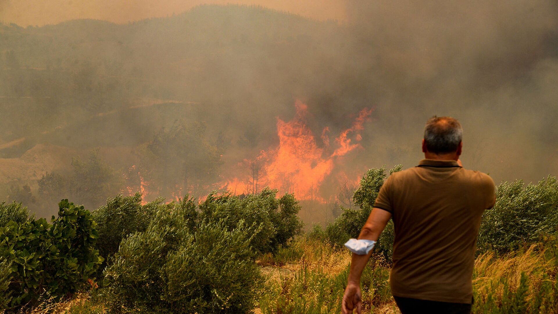 Мужчина на фоне лесного пожара (29 июля 2021). Турция - Sputnik Армения, 1920, 31.07.2021