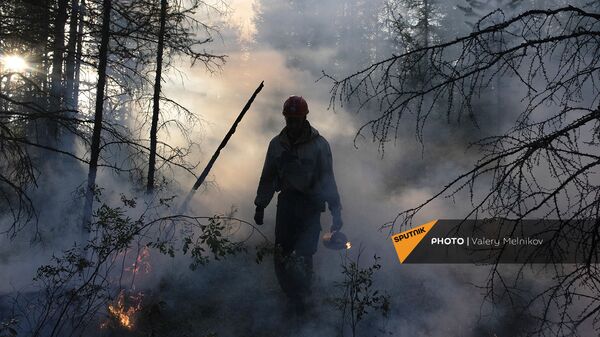 Сотрудник ФБУ Авиалесоохрана тушит лесной пожар в районе Хангаласский улус (9 августа 2021). Якутия - Sputnik Армения