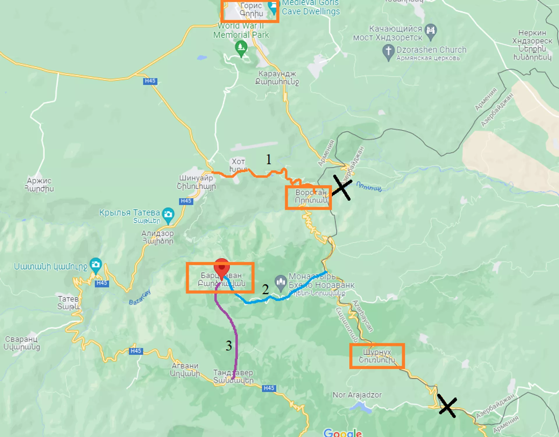 Карта с изолированными селами Воротан, Барцраван и Шурнух в Сюникской области  - Sputnik Армения, 1920, 15.11.2021