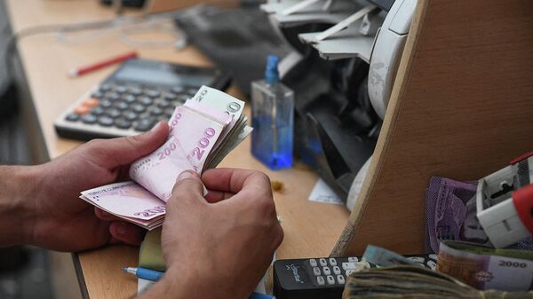 Мужчина в обменном пункте пересчитыает банкноты турецкой лиры - Sputnik Армения