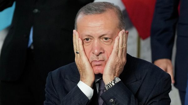Реакция президента Турции Реджепа Тайипа Эрдогана на групповое фото мировых лидеров в конференц-центре La Nuvola для саммита G20 в Риме - Sputnik Արմենիա