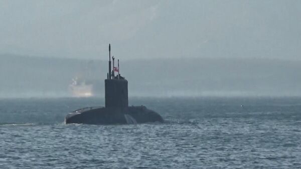 Пуск крылатой ракеты «Калибр» экипажем подводной лодки «Волхов» ТОФ из подводного положения в Японском море - Sputnik Армения