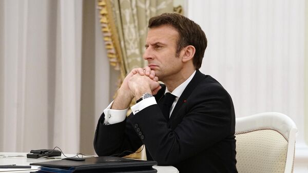Президент Франции Эммануэль Макрон во время переговоров с президентом России (7 февраля 2022). Москвa - Sputnik Армения