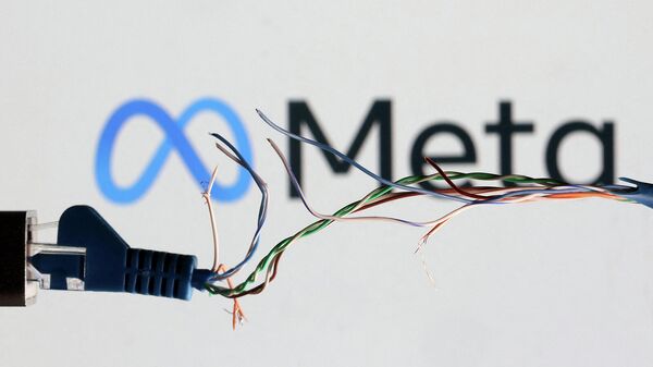 Оборванный кабель интернета на фоне логотипа Meta  - Sputnik Армения