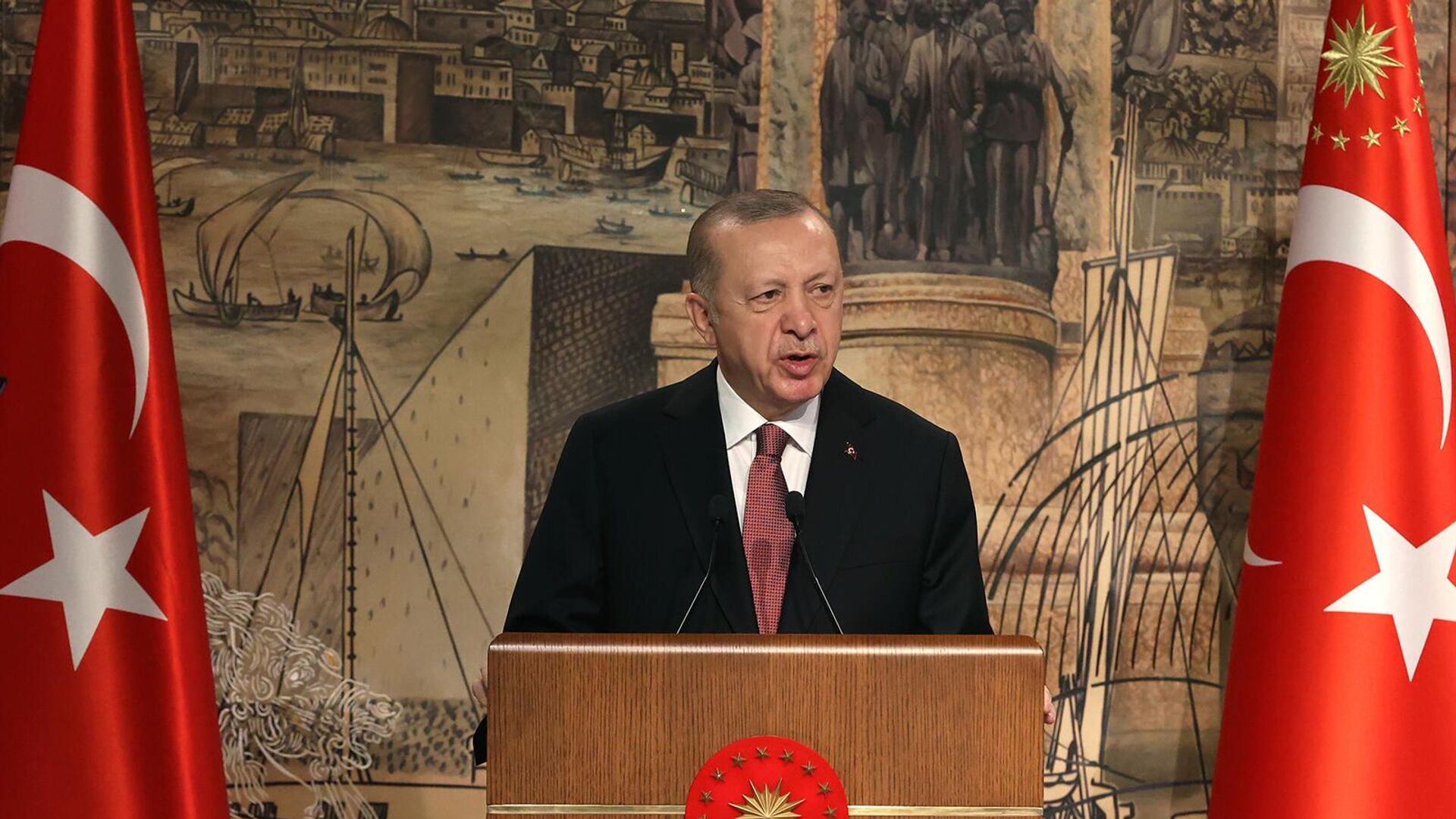 Президент Турции Реджеп Тайип Эрдоган выступает на российско-украинских переговорах во дворце Долмабахче (29 марта 2022). Стамбул - Sputnik Армения, 1920, 08.06.2022