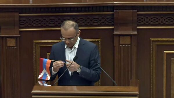 Ընդդիմադիր «Հայաստան» խմբակցության պատգամավոր Սեյրան Օհանյանը Արցախի դրոշով ԱԺ հերթական նիստի ժամանակ (12 ապրիլի, 2022թ). Երևան - Sputnik Արմենիա