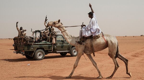 Мужчина верхом на верблюде приветствует членов военизированных формирований Сил быстрой поддержки в деревне Абрак (22 июня 2019). Судан - Sputnik Армения
