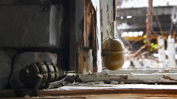 Гранаты на окне одного из разрушенных зданий на территории комбината Азовсталь в Мариуполе - Sputnik Армения