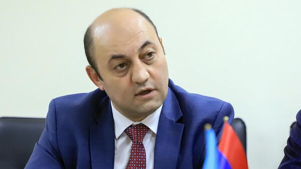 Заместитель министра высокотехнологичной промышленности Авет Погосян на встрече-обсуждении с представителями группы экспертов Международной хартии по космосу и крупным катастрофам ООН (28 июня 2022). Еревaн - Sputnik Армения