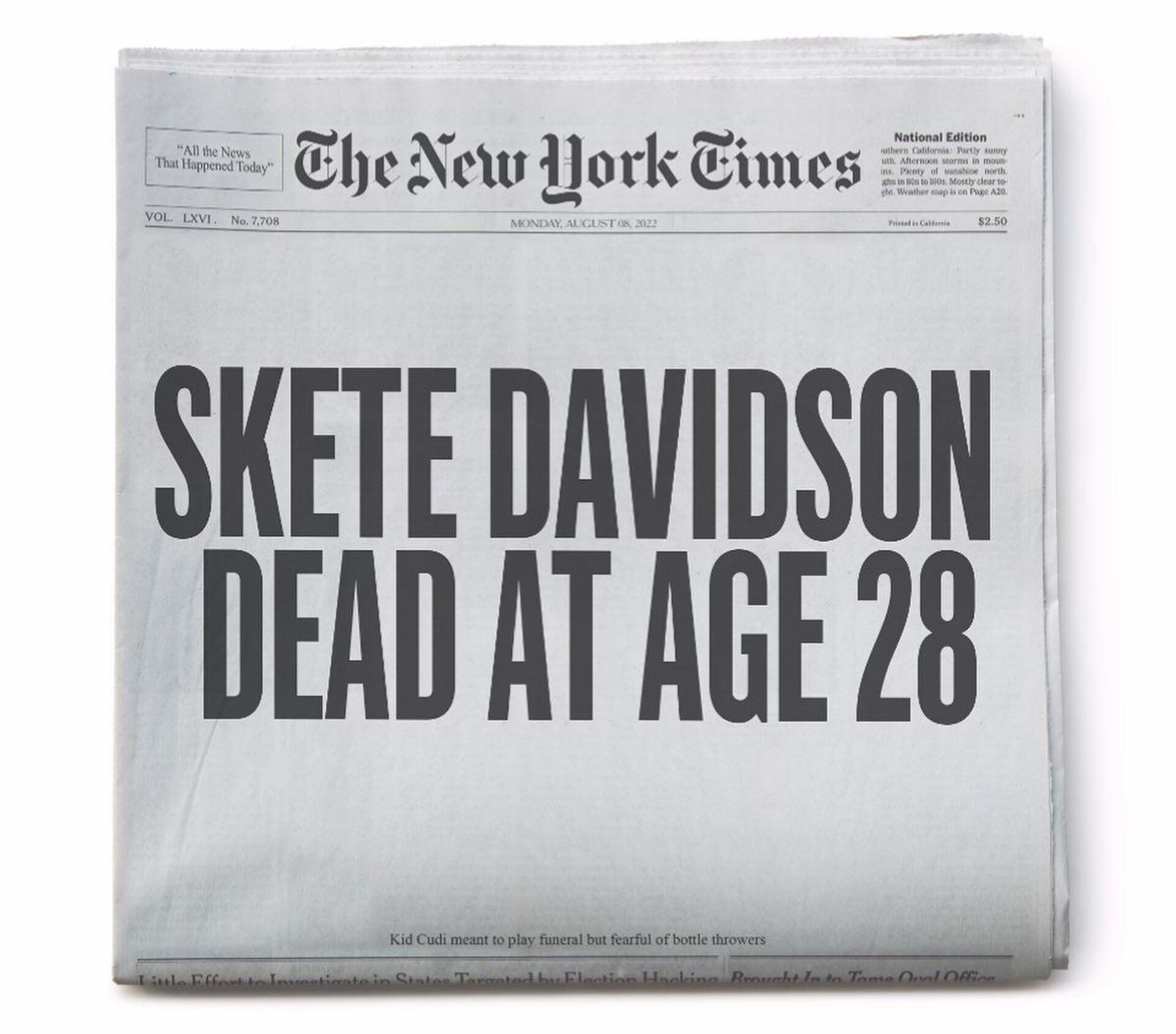 Обложка газеты The New York Times с заголовком Скит Дэвидсон умер в возрасте 28 лет - Sputnik Армения, 1920, 08.08.2022