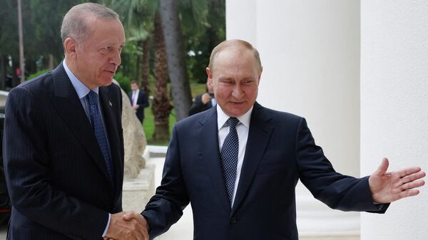 Президенты России и Турции Владимир Путин и Реджеп Тайип Эрдоган обмениваются рукопожатием во время встречи (5 августа 2022). Сочи - Sputnik Армения
