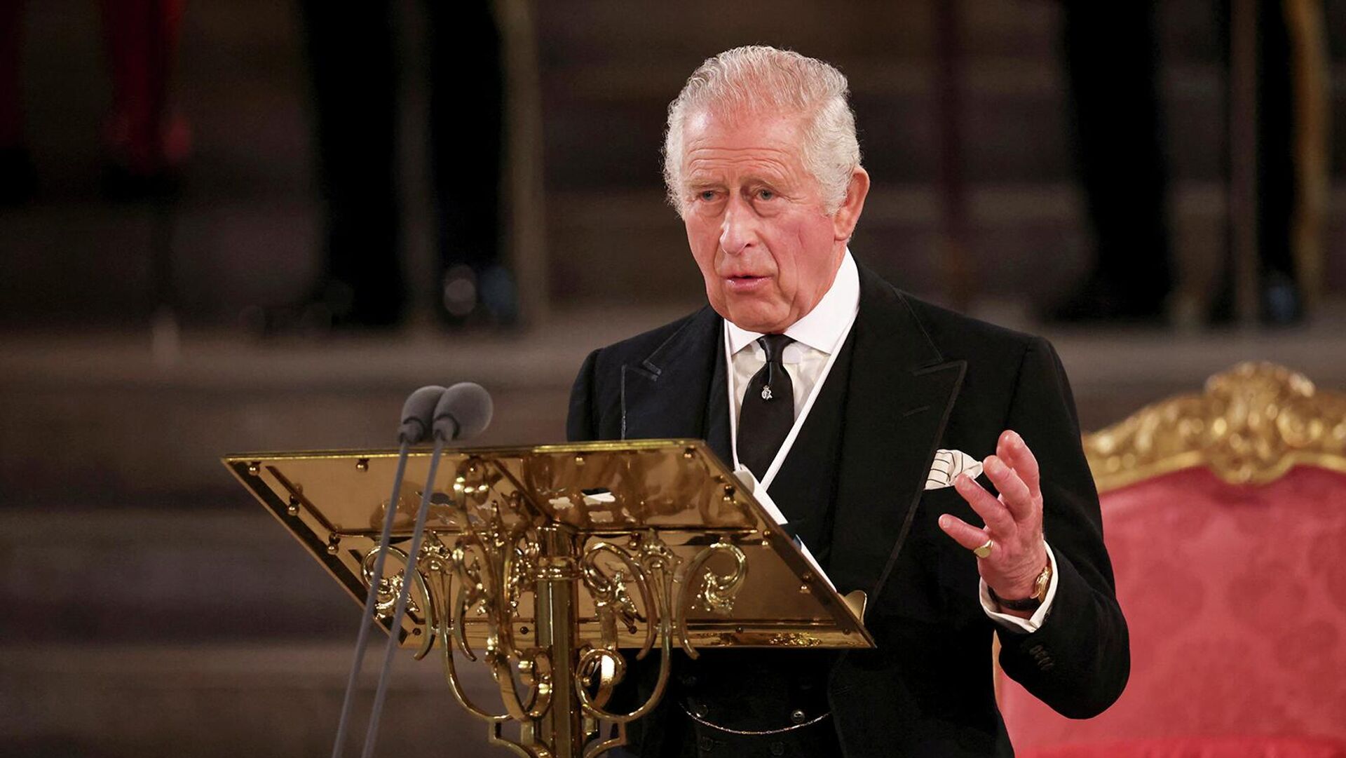 Король Великобритании Карл III выступает в Вестминстер-холле (12 сентября 2022). Лондон - Sputnik Армения, 1920, 03.03.2023