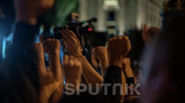 Руки участников митинга с требованием импичмента премьеру перед зданием парламента на проспекте Баграмяна (14 сентября 2022). Еревaн - Sputnik Армения