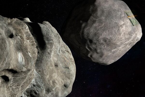 Зонд NASA DART (вверху справа), направляющийся к столкновению с астероидом Диморф (слева), который вращается вокруг Дидимоса.Фото предоставлено Johns Hopkins APL и NASA - Sputnik Армения