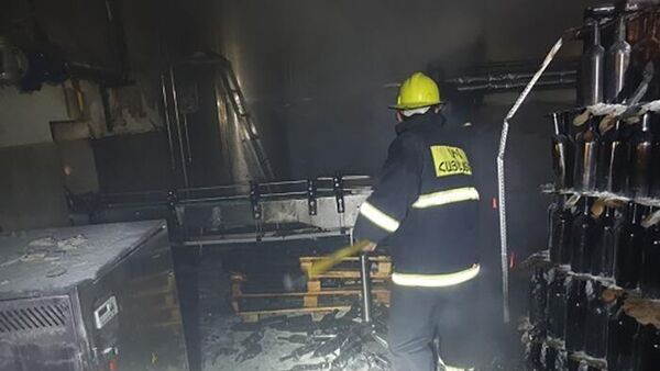 Сотрудник пожарной службы МЧС тушит пожар в Прошянском коньячном заводе (8 ноября 2022). Еревaн - Sputnik Արմենիա