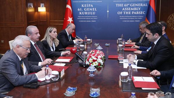 Председатель НС Армении Ален Симонян встретился с председателем парламента Турции Мустафой Шентопом (4 мая 2023). Анкарa - Sputnik Армения