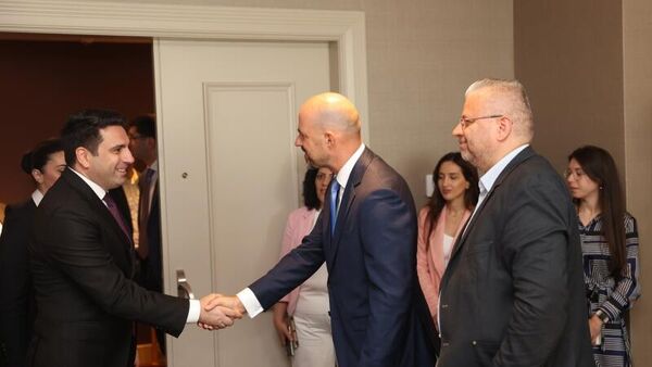 В рамках официального визита в Польшу председатель НС Ален Симонян встретился с экспертами Центра исследований безопасности Казимира Пуласки (4 июля 2023). Варшава - Sputnik Армения