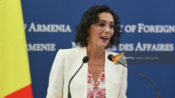 Пресс-конференция министров иностранных дел Армении и Бельгии Арарата Мирзояна и Хайжи Лахбиб по итогам встречи (22 августа 2023). Еревaн - Sputnik Армения
