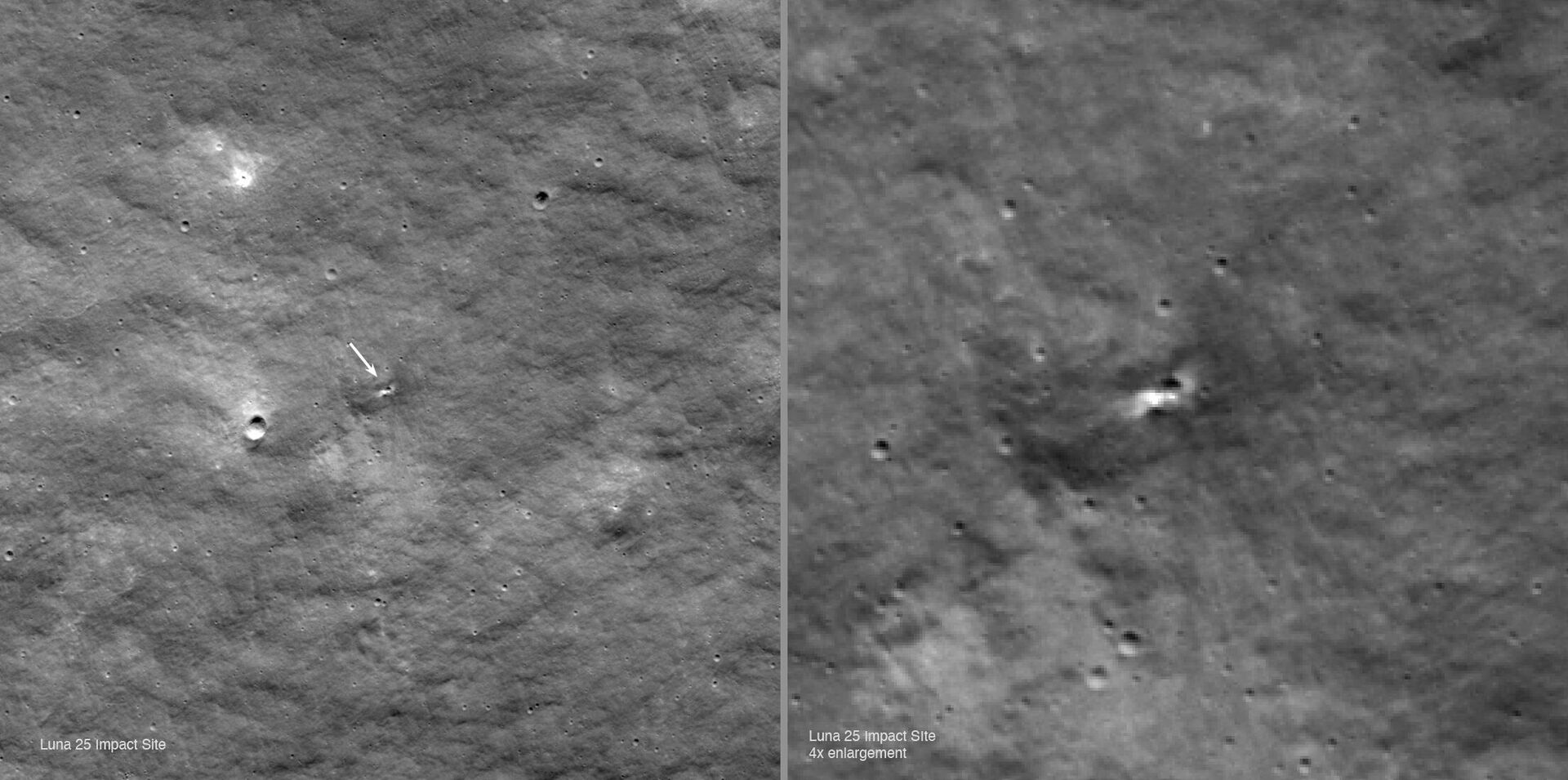 1 - Во время спуска на поверхность российский космический корабль Луна-25 столкнулся с аномалией
2 - Изображение LROC NAC, увеличенное в четыре раза, сосредоточено на вероятном кратере Луны-25 - Sputnik Армения, 1920, 01.09.2023