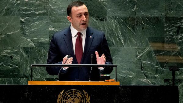 Премьер-министр Грузии Ираклий Гарибашвили выступает на 78-й сессии Генеральной Ассамблеи ООН (22 сентября 2023). Нью-Йорк - Sputnik Армения