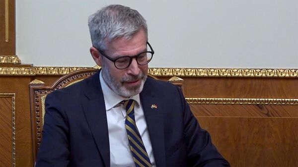 Чрезвычайный и полномочный посол Швеции в Армении Патрик Свенсон на встрече с президентом Армении (29 апреля 2022). Еревaн - Sputnik Армения