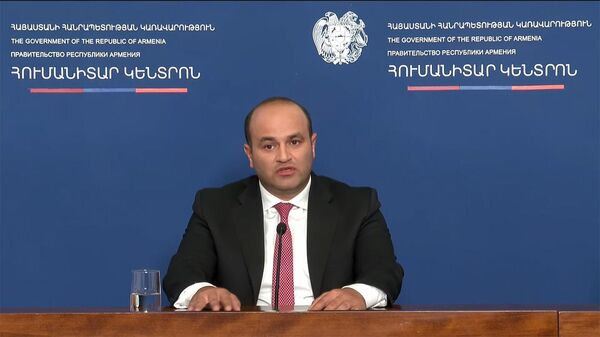 Министр труда и социальных вопросов Нарек Мкртчян во время брифинга (29 сентября 2023). Еревaн - Sputnik Армения