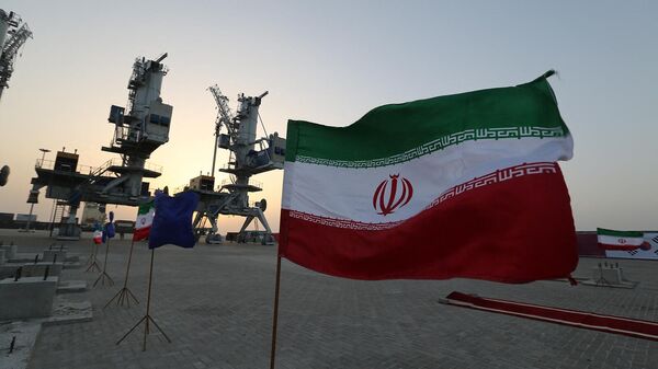 Иранские флаги на церемонии открытия нового оборудования и инфраструктуры в порту Шахид Бехешти в иранском прибрежном городе Чабахар (25 февраля 2019). Иран - Sputnik Армения