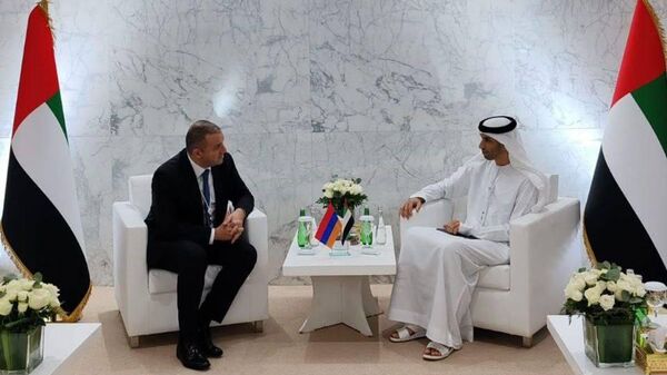 Министр экономики Ваан Керобян встретился с государственным министром внешней торговли ОАЭ Тани бин Ахмед Аль Зайуди (16 октября 2023). Абу-Даби - Sputnik Армения