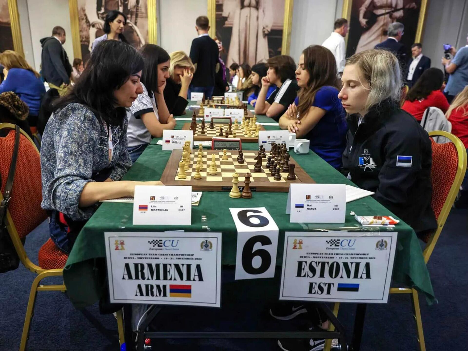 Женская сборная Армении по шахматам во время 7 тура чемпионата Европы против сборной Эстонии (18 ноября 2023). Будва - Sputnik Արմենիա, 1920, 19.11.2023