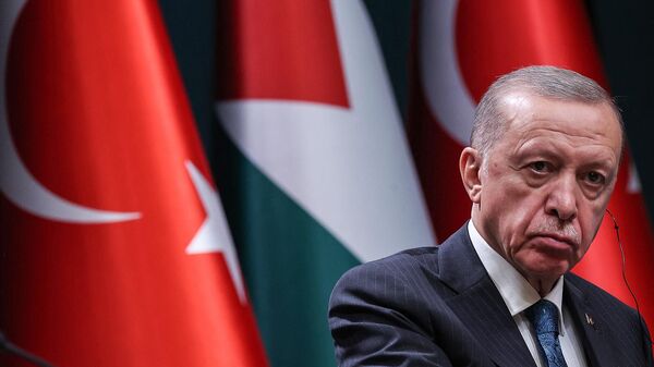 Президент Турции Реджеп Тайип Эрдоган на совместной пресс-конференции с президентом Палестины по итогам встречи (25 июля 2023). Анкара - Sputnik Армения