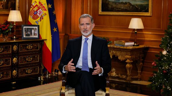 Король Испании Фелипе VI произносит рождественскую речь во дворце Сарсуэла (24 декабря 2023). Мадрид - Sputnik Армения