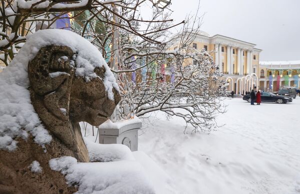  Заснеженная скульптура льва у Павловского дворца под Санкт-Петербургом - Sputnik Армения