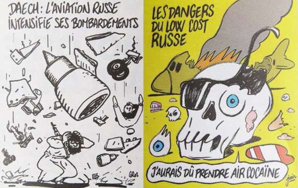 Charlie Hebdo опубликовала карикатуры на катастрофу А321 в Египте. Подпись гласит: Российская авиация усилила свои бомбардировки Charlie Hebdo опубликовала карикатуры на катастрофу А321 в Египте. Подпись гласит: Российская авиация усилила свои бомбардировки - Sputnik Армения