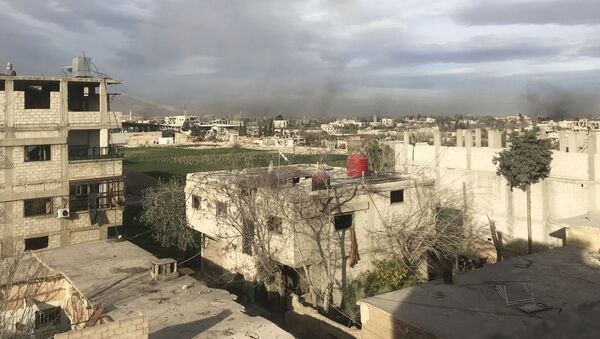 Дым, возникший в результате ударов сирийской армии по позициям Джебхат ан-Нусра (организация запрещена в РФ), в Восточной Гуте в пригороде Дамаска - Sputnik Армения