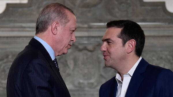 Премьер-министр Греции Алексис Ципрас и Президент Турции Реджеп Тайип Эрдоган после совместной пресс-конференции (7 декабря 2017). Афины, Греция - Sputnik Армения